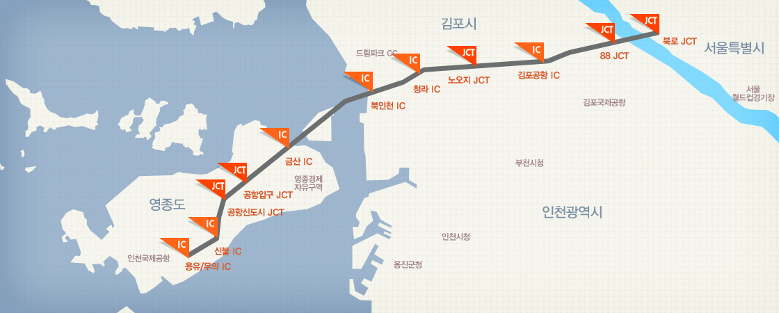 지도위의 IC/JCT를 클릭하시면 해당 IC/JCT의 연결도로망과 진출입로 정보를 볼 수 있습니다.